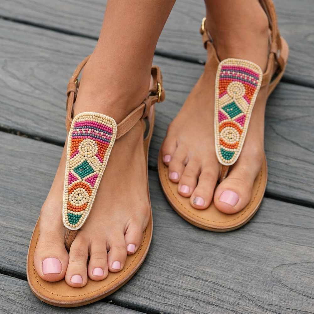 Diba Alita Beaded,Tan, Vegan Suede, Flat, Boho Sandals